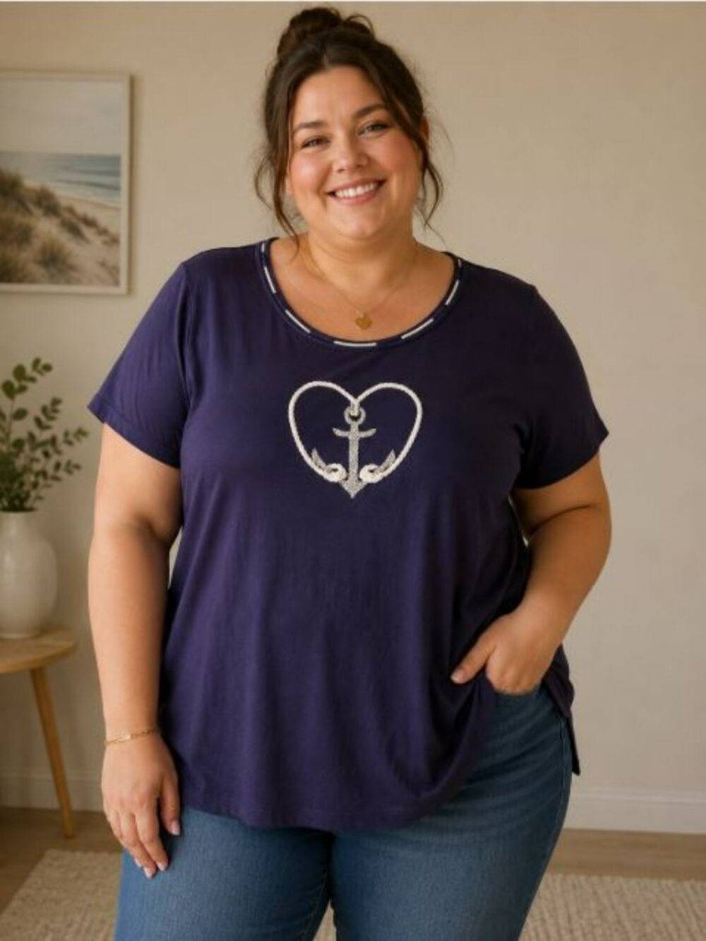 CLEARANCE FINAL MARKDOWN -  NWT - Karen Scott Navy Blue Anchor Crystal Tee – 3X